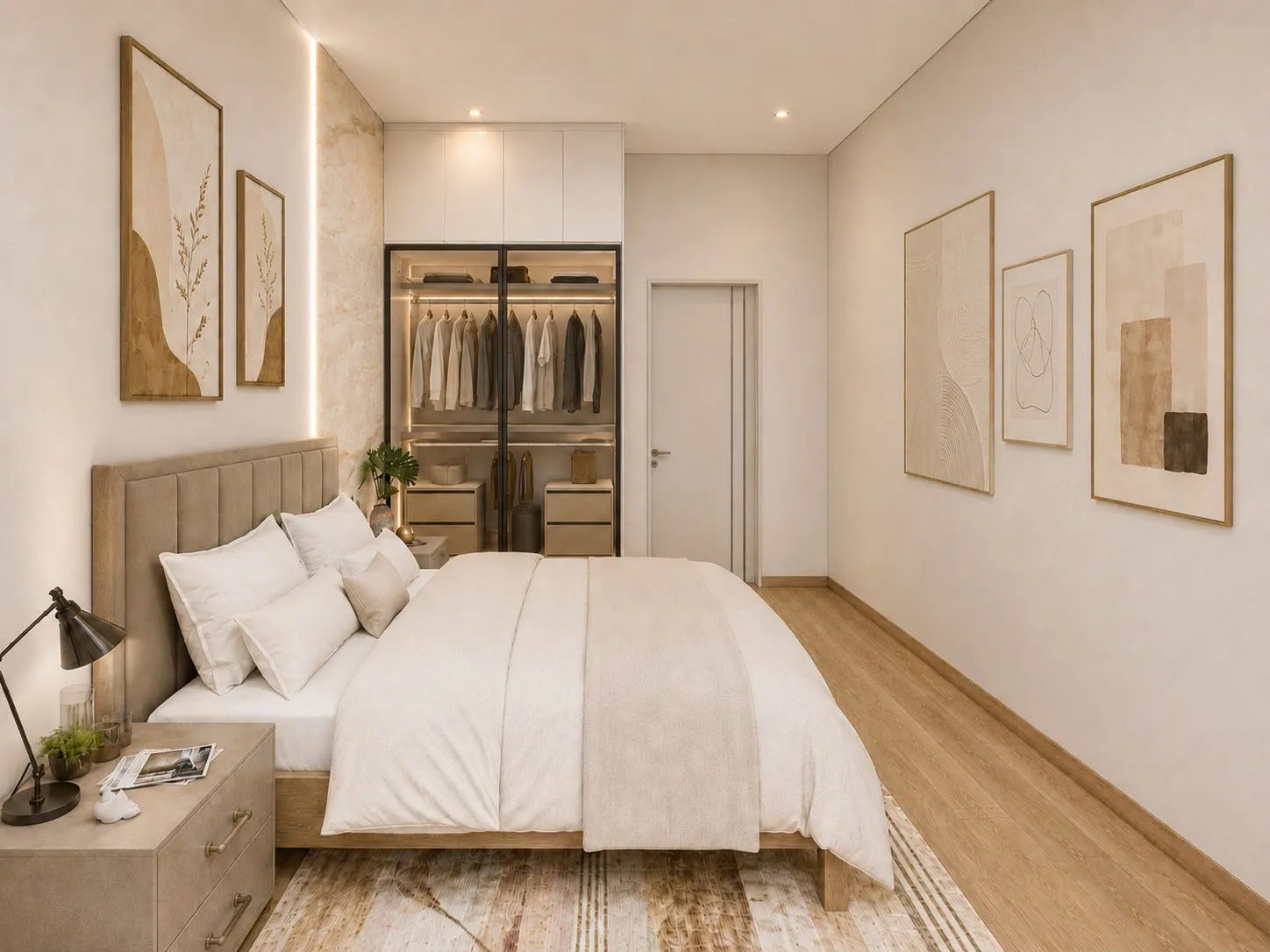 Bedroom with a double bed, upholstered headboard, bedside lamp and a glass-fronted walk-in wardrobe