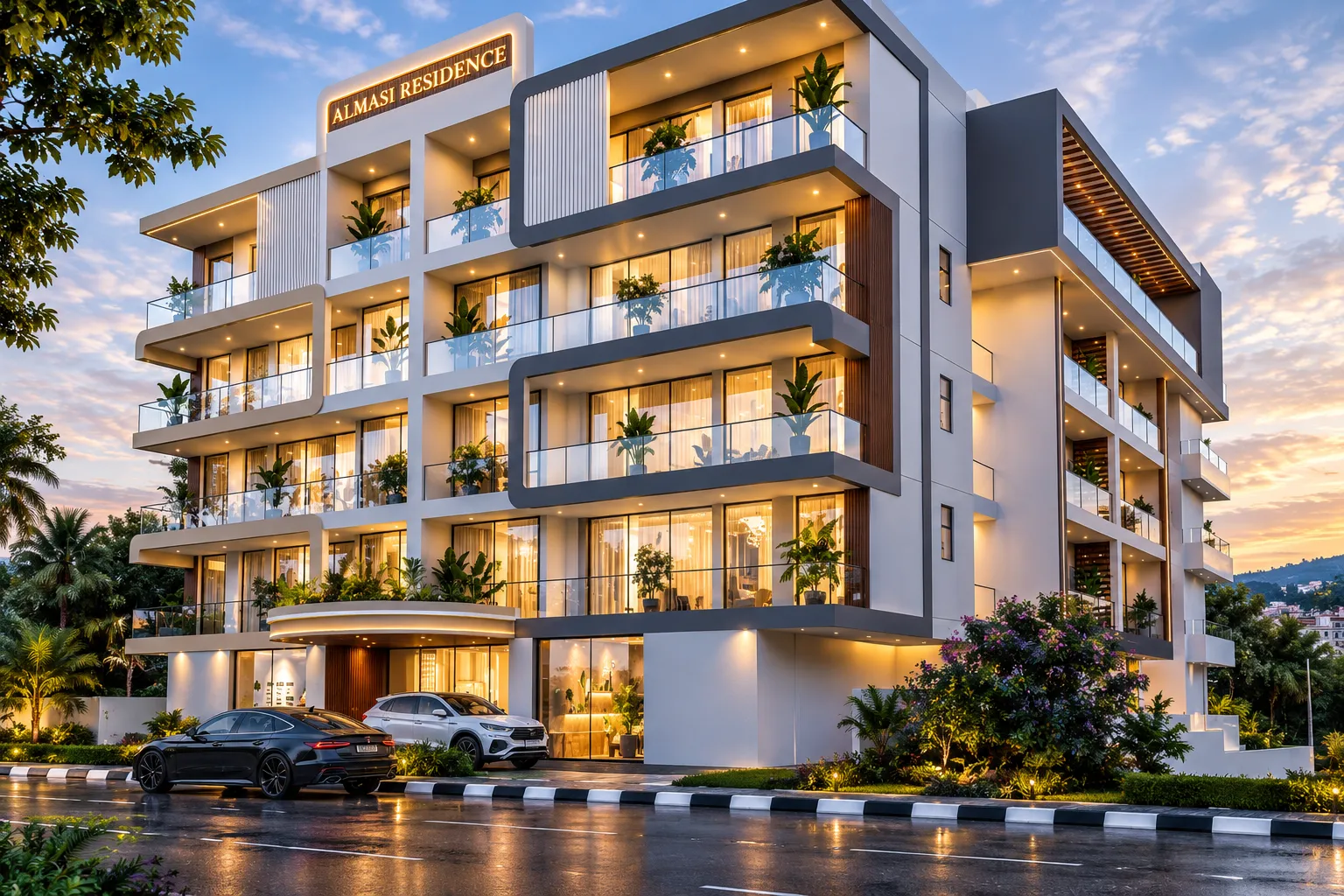 Almasi Residence at sunset from the opposite corner, with glass balconies, palms and cars on the street
