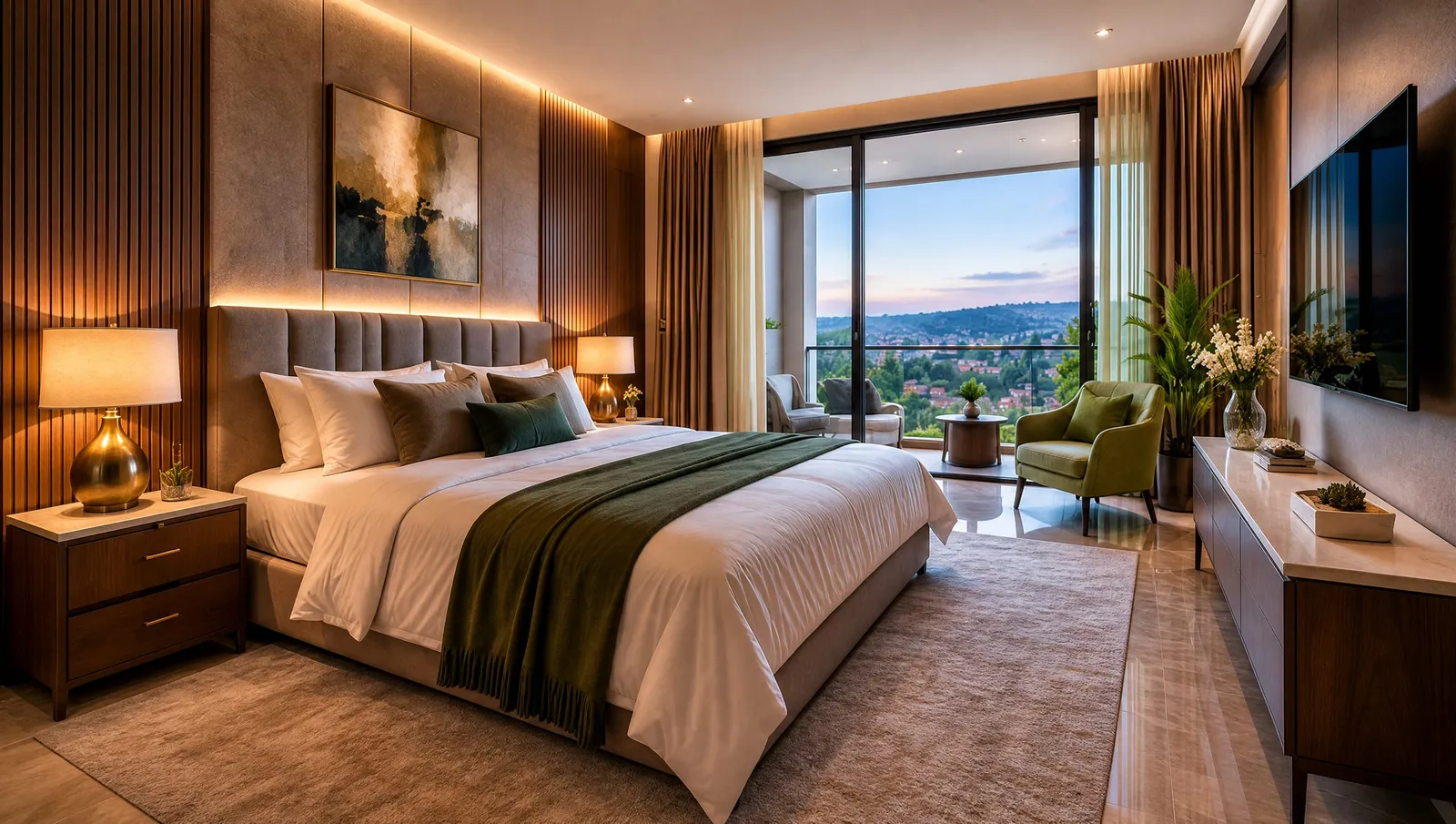 A bedroom with a slatted walnut wall, an upholstered bed and a window onto the hills.