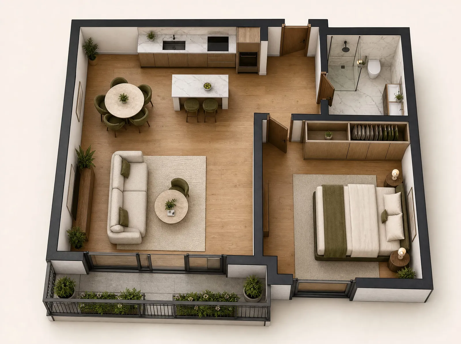 Indicative furnished plan of a one-bedroom residence: living and dining, kitchen, bedroom, bathroom and balcony.