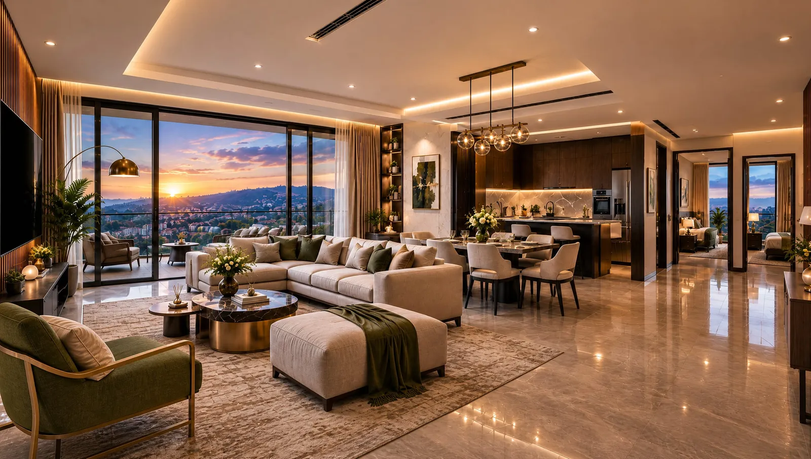 A two-bedroom living and dining room at sunset, opening onto a balcony above the Kigali hills.