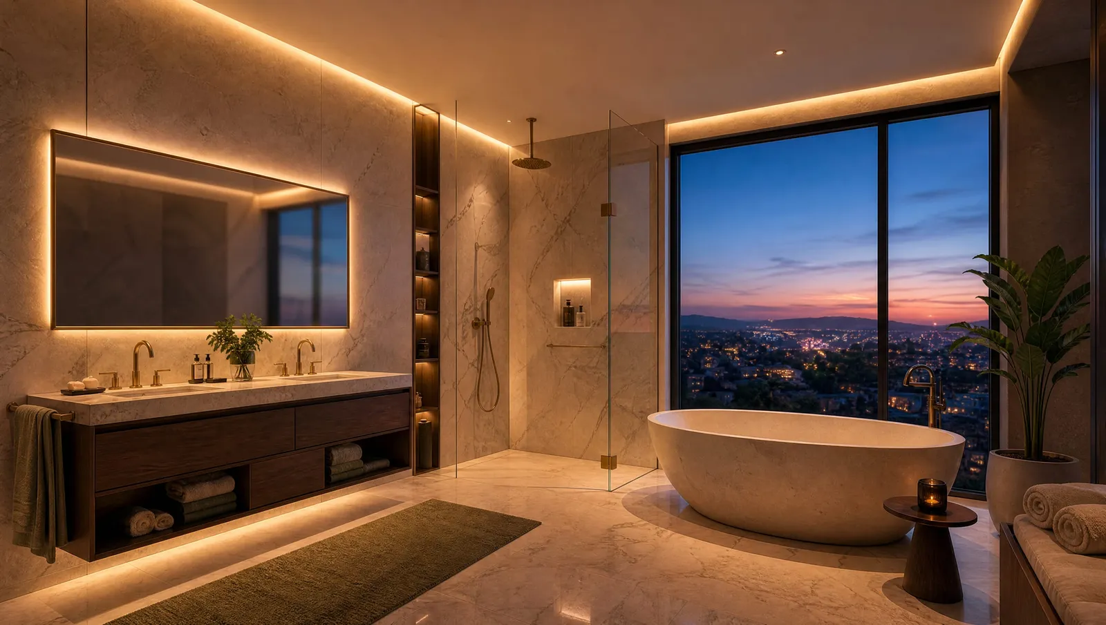 A marble en-suite with a freestanding stone bath in front of a window onto the hills at dusk.