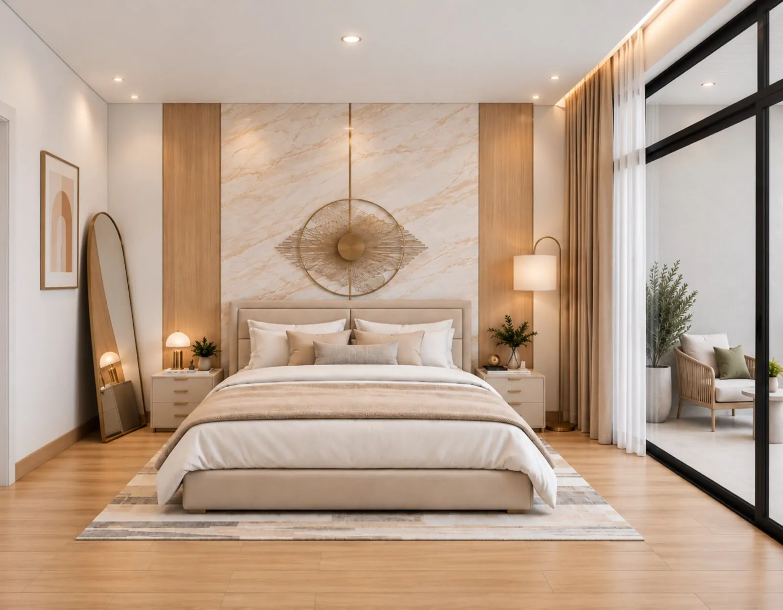 Bedroom with a marble feature wall behind the bed, a round rattan mirror and floor-to-ceiling glass doors