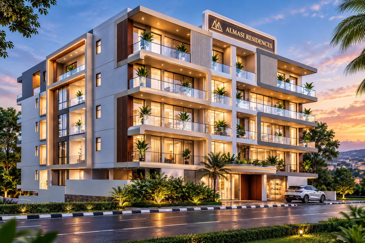 Almasi Residence at dusk from the street corner: white and walnut facade, lit glass balconies and planting