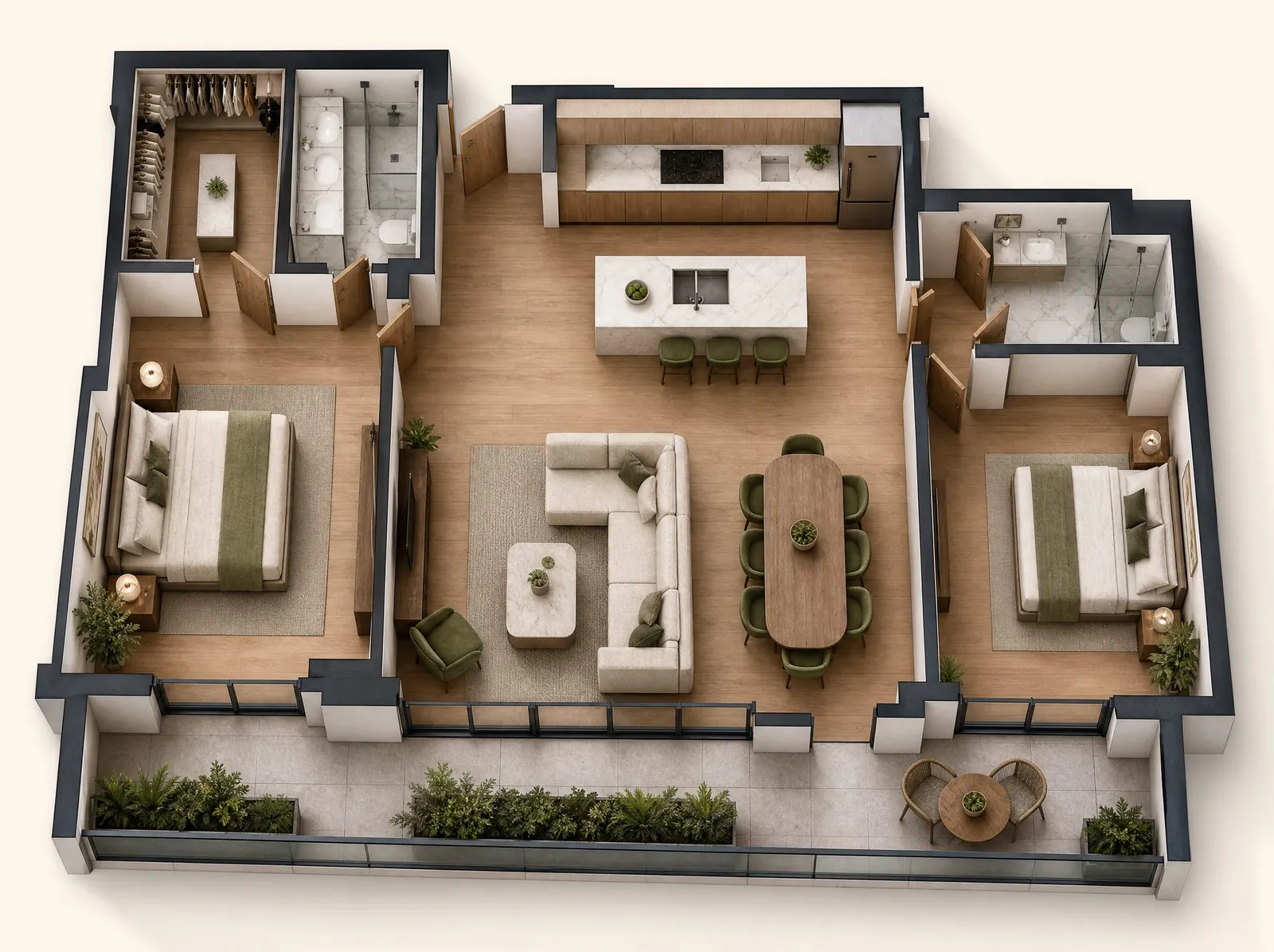 Indicative furnished plan of a two-bedroom residence: living and dining, island kitchen, two bedrooms, two bathrooms and a balcony.
