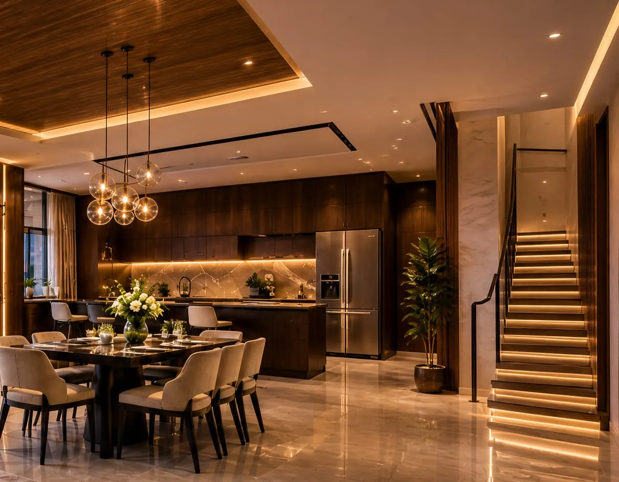 The penthouse kitchen with an island, walnut cabinetry and a lit staircase.