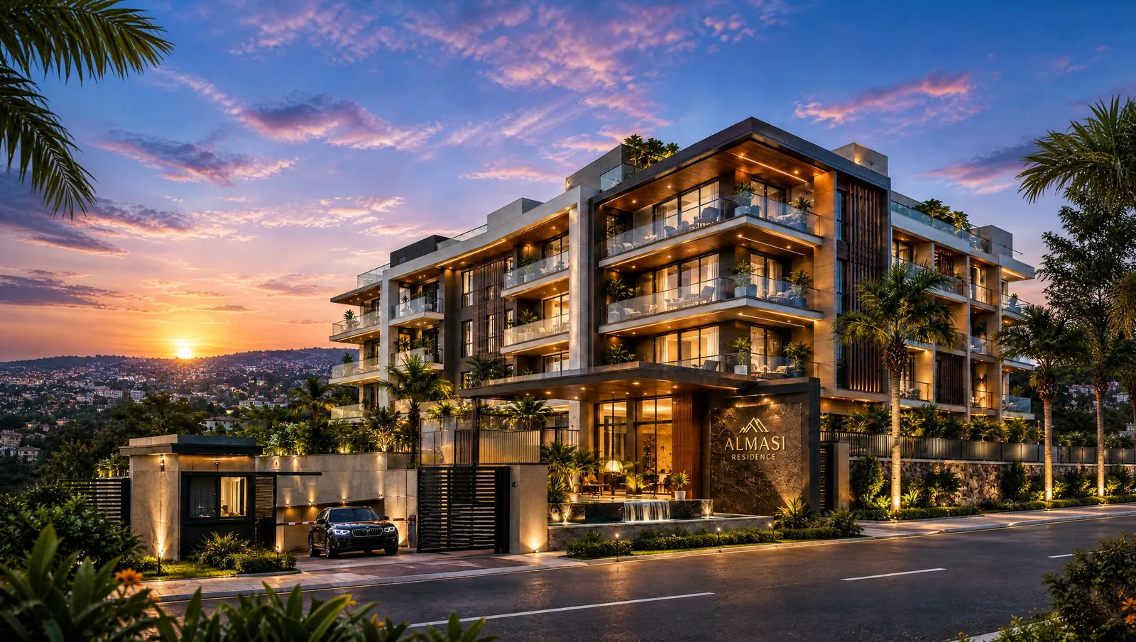 Almasi Residence from KG 15 Ave at dusk: a stone and walnut facade with deep glass balconies behind a gatehouse and palms.