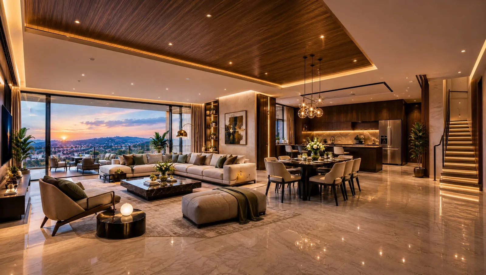 Penthouse living and dining room under a walnut ceiling, with a sunset over Kigali beyond the glass.