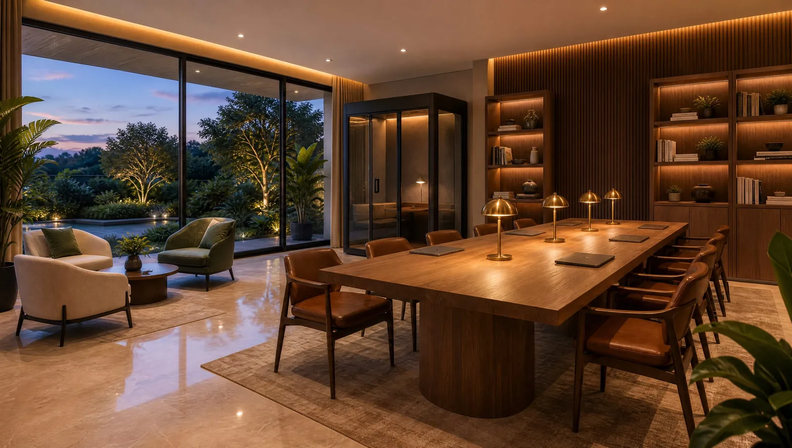 The residents’ co-working lounge with a long oak table, brass lamps and walnut-slat walls.