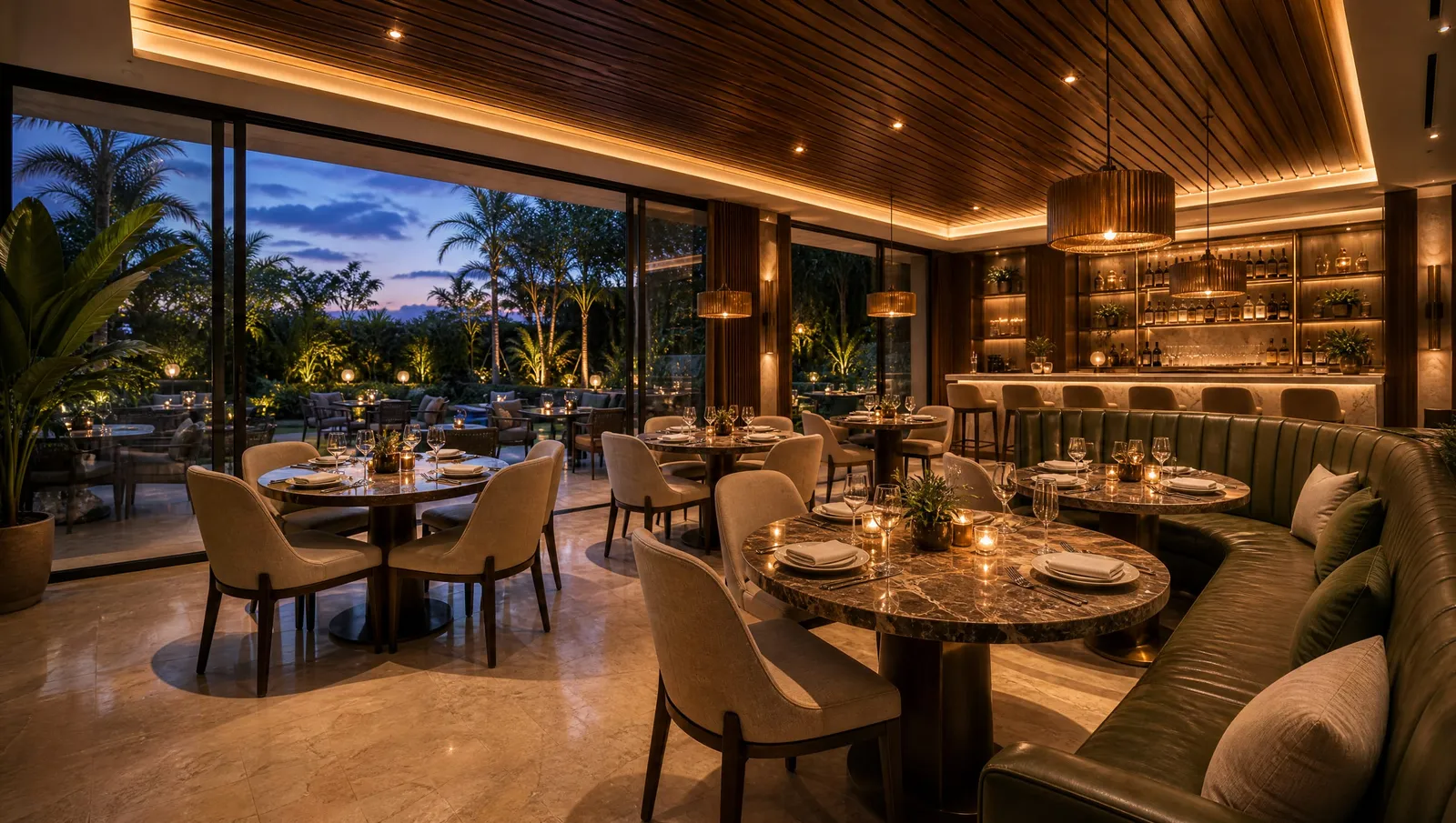 The residents’ restaurant: olive leather banquettes, marble tables laid for dinner and a backlit bar.