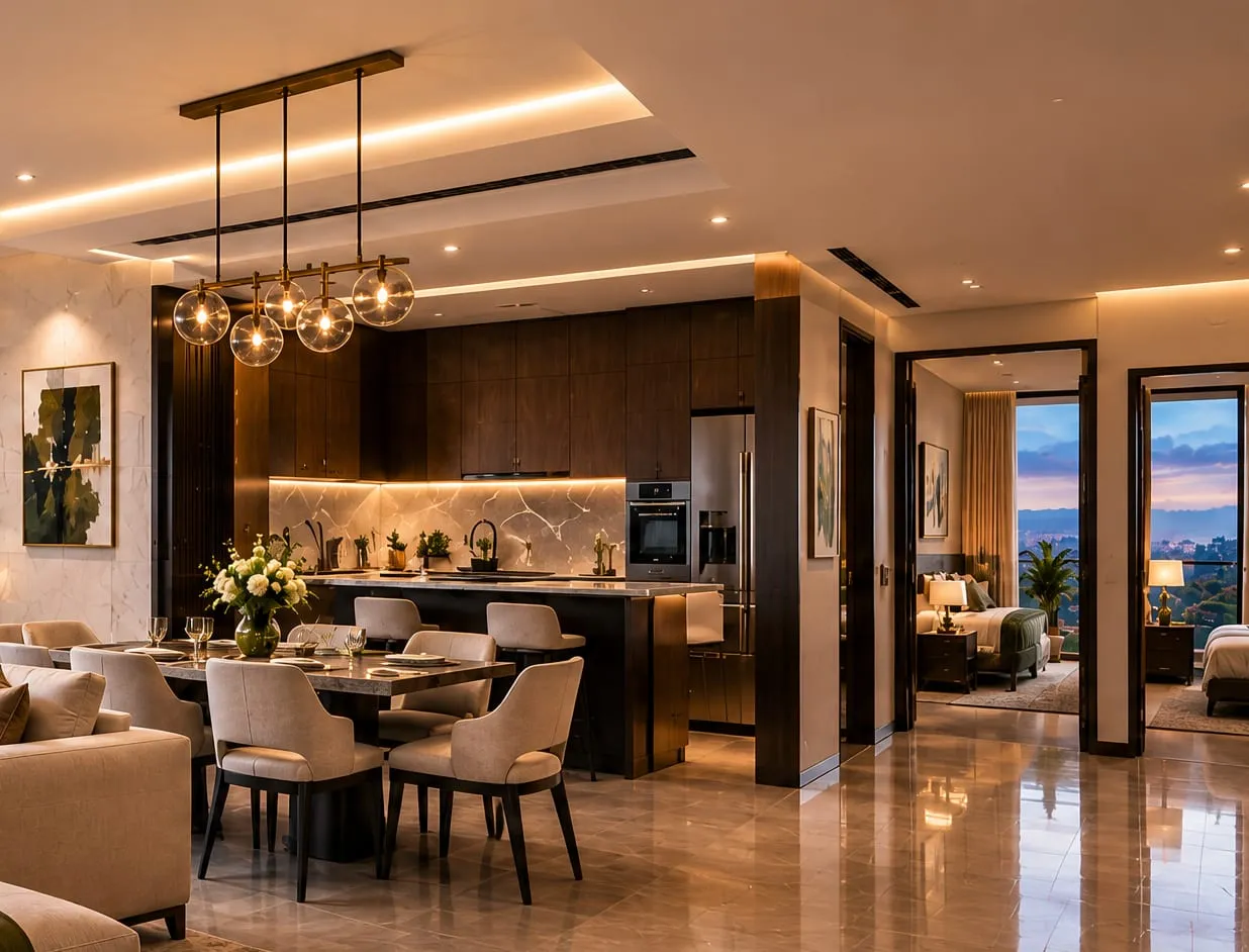 An open kitchen with a marble island, walnut joinery and glass pendant lights.