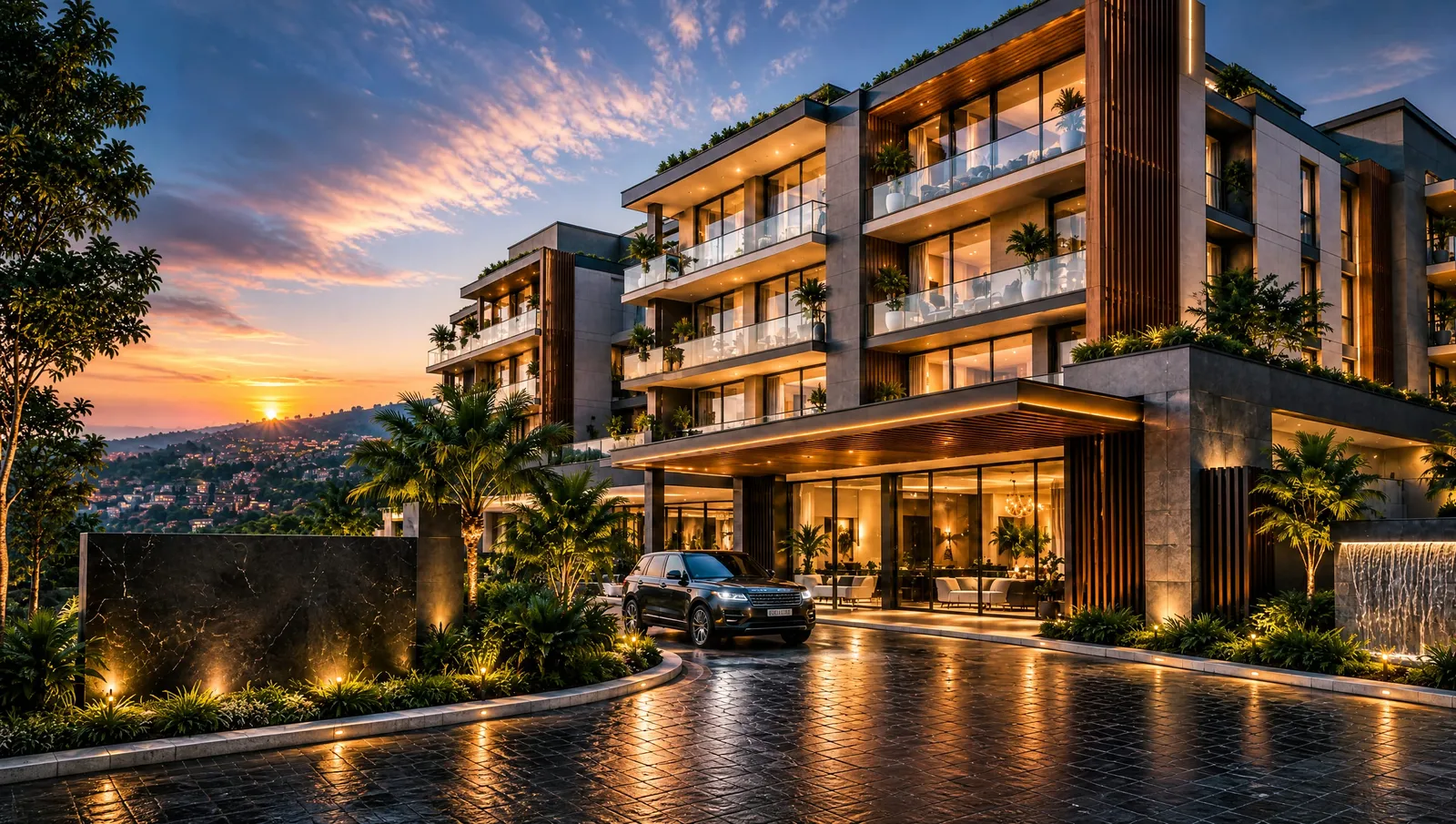 The covered drop-off at dusk: a walnut canopy, a water wall and the glowing lobby behind a curved driveway.