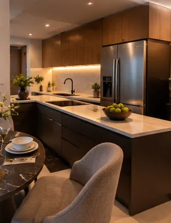 A compact kitchen in walnut and marble with an integrated refrigerator.
