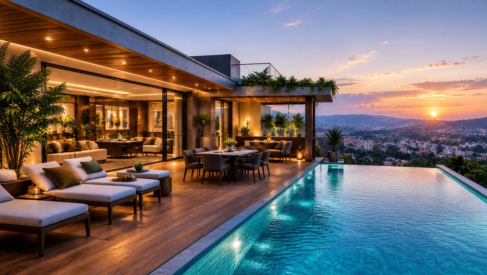 A private roof terrace with an infinity pool and loungers, facing the sunset over Kigali.