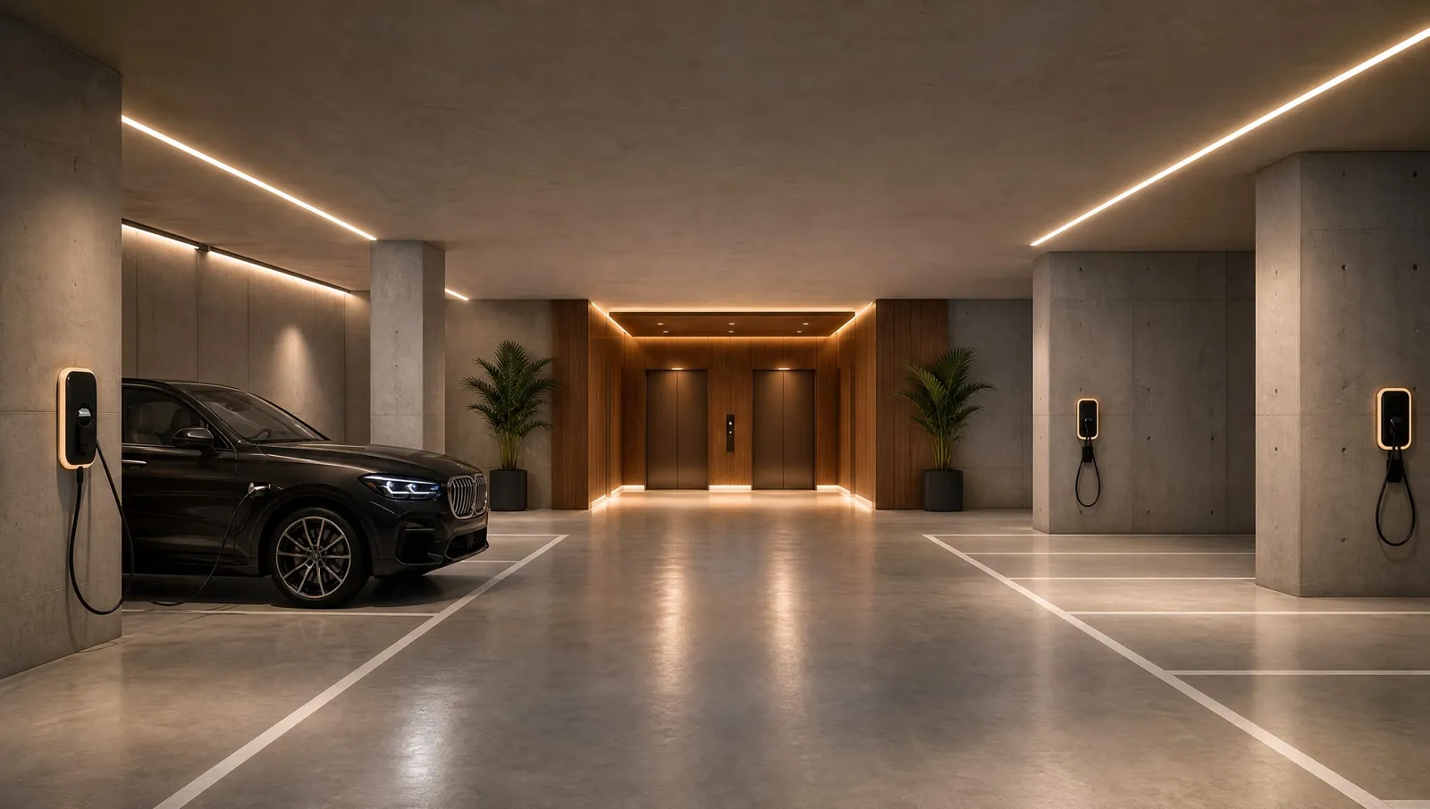 The basement car park in board-formed concrete, with EV charging and a walnut-lined lift lobby.