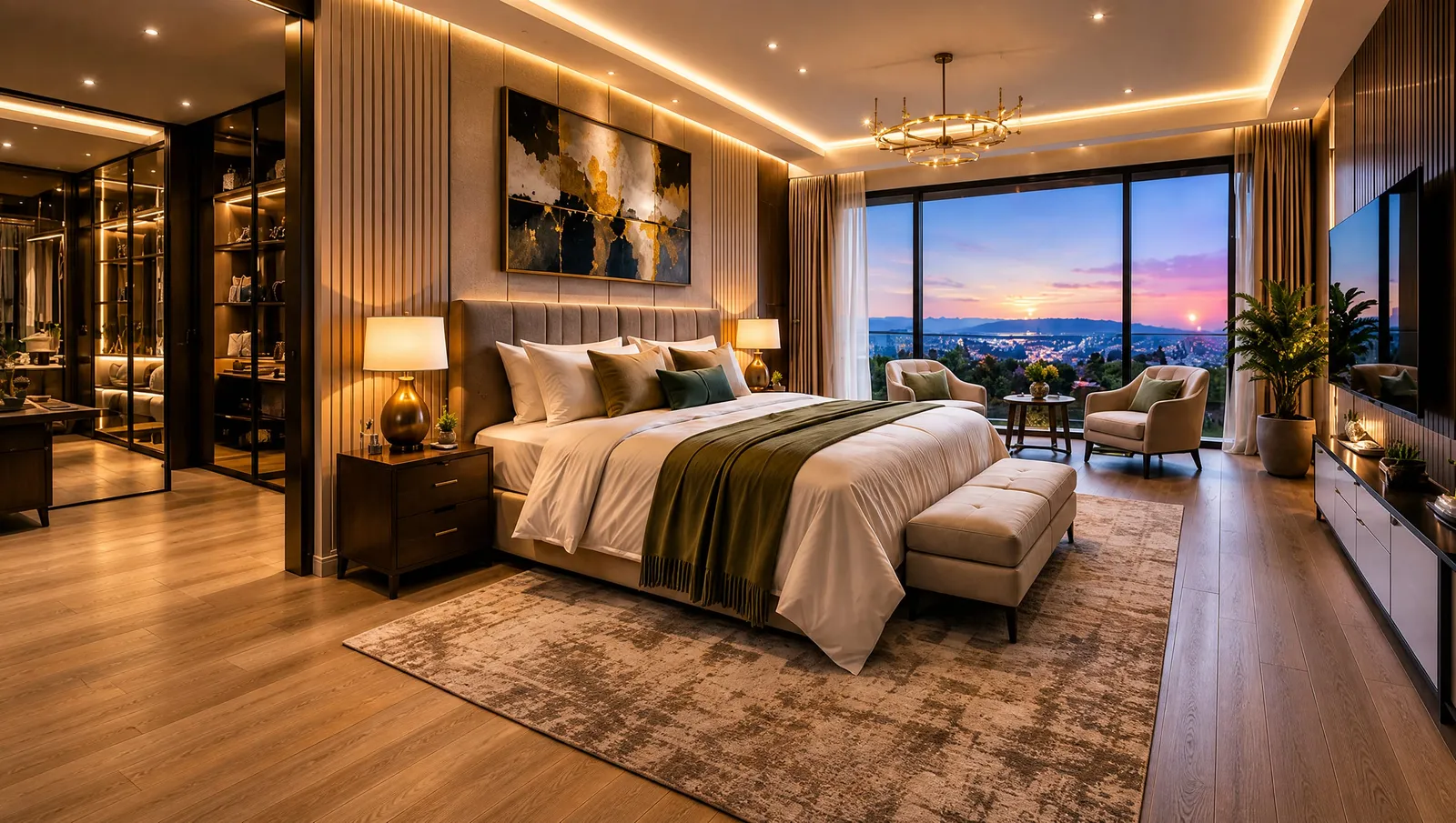 A penthouse master bedroom with a lit walk-in closet and a dusk view over the city.