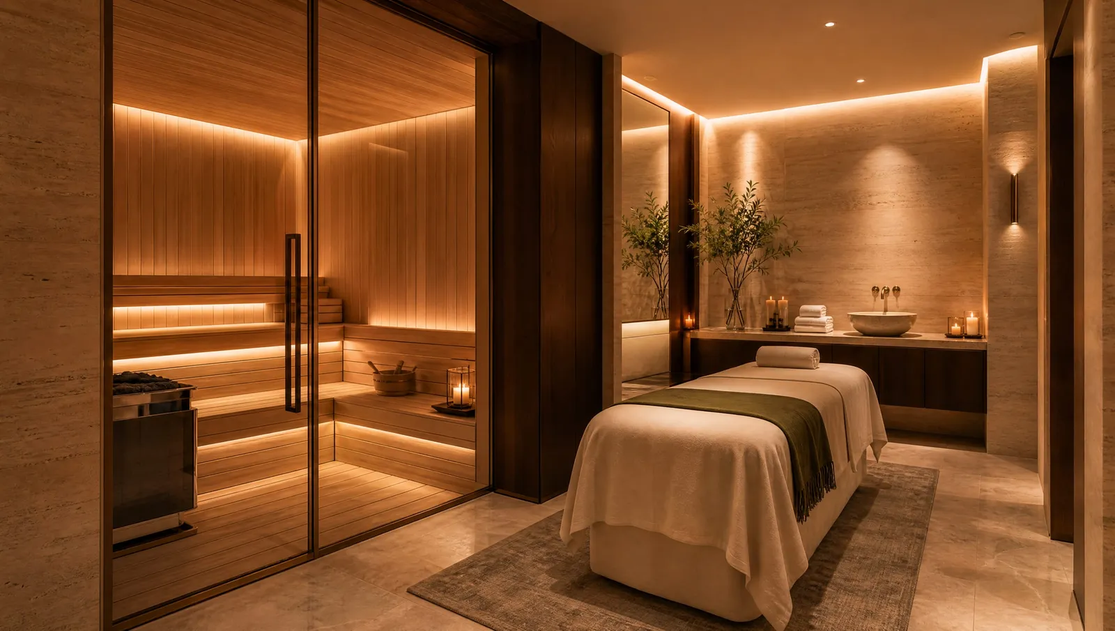 The wellness suite: a glass-fronted cedar sauna beside a calm massage room in travertine.