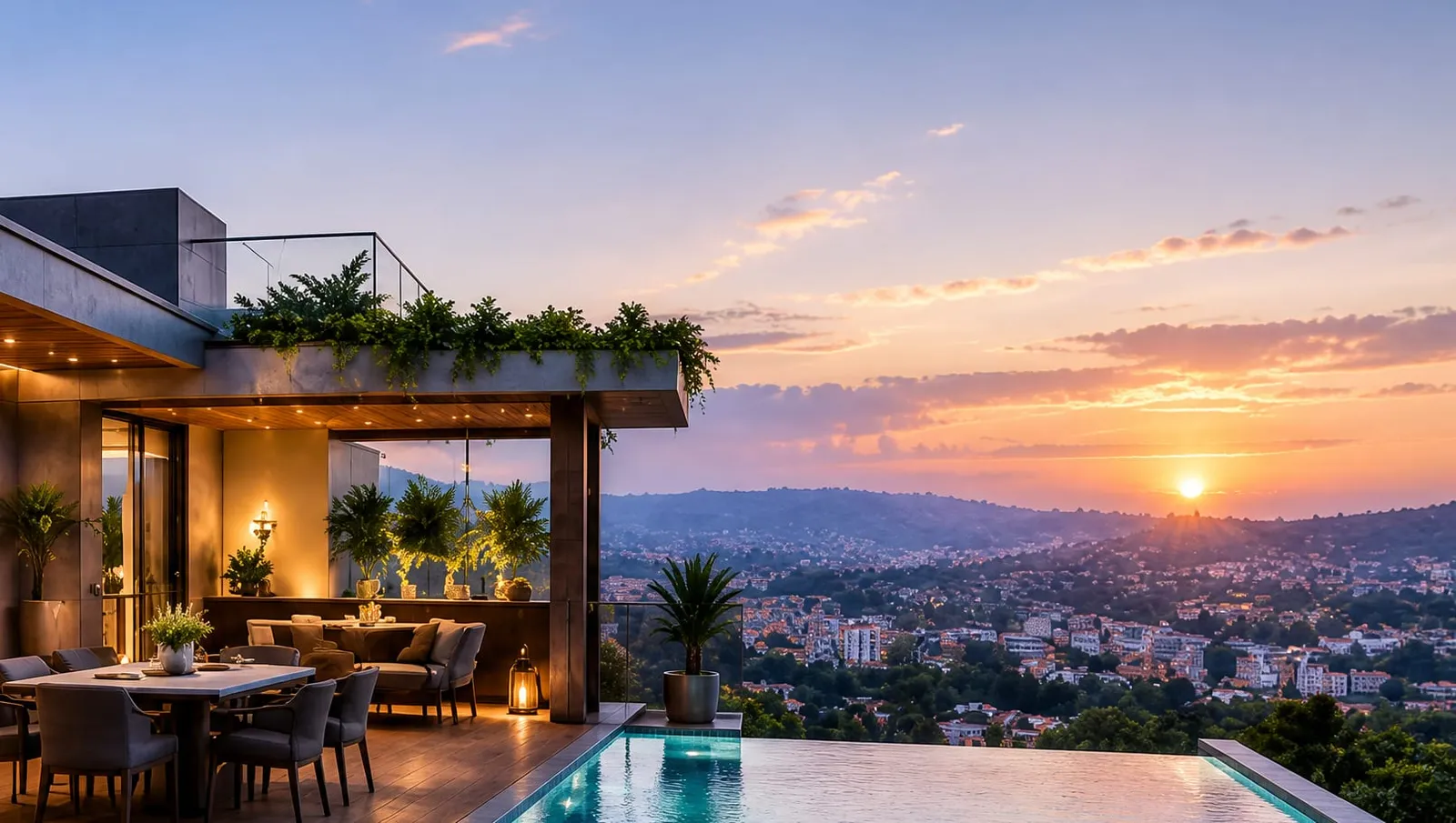 The sun setting over the hills of Kigali, seen from the roof terrace.