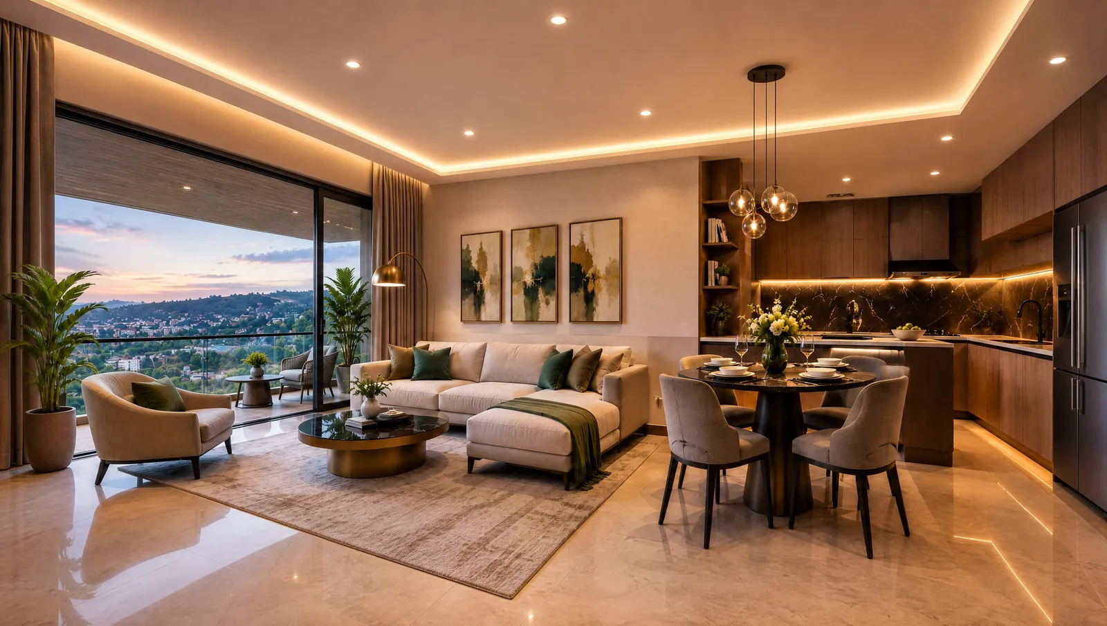 A one-bedroom living room and kitchen at dusk, with a balcony over the valley.