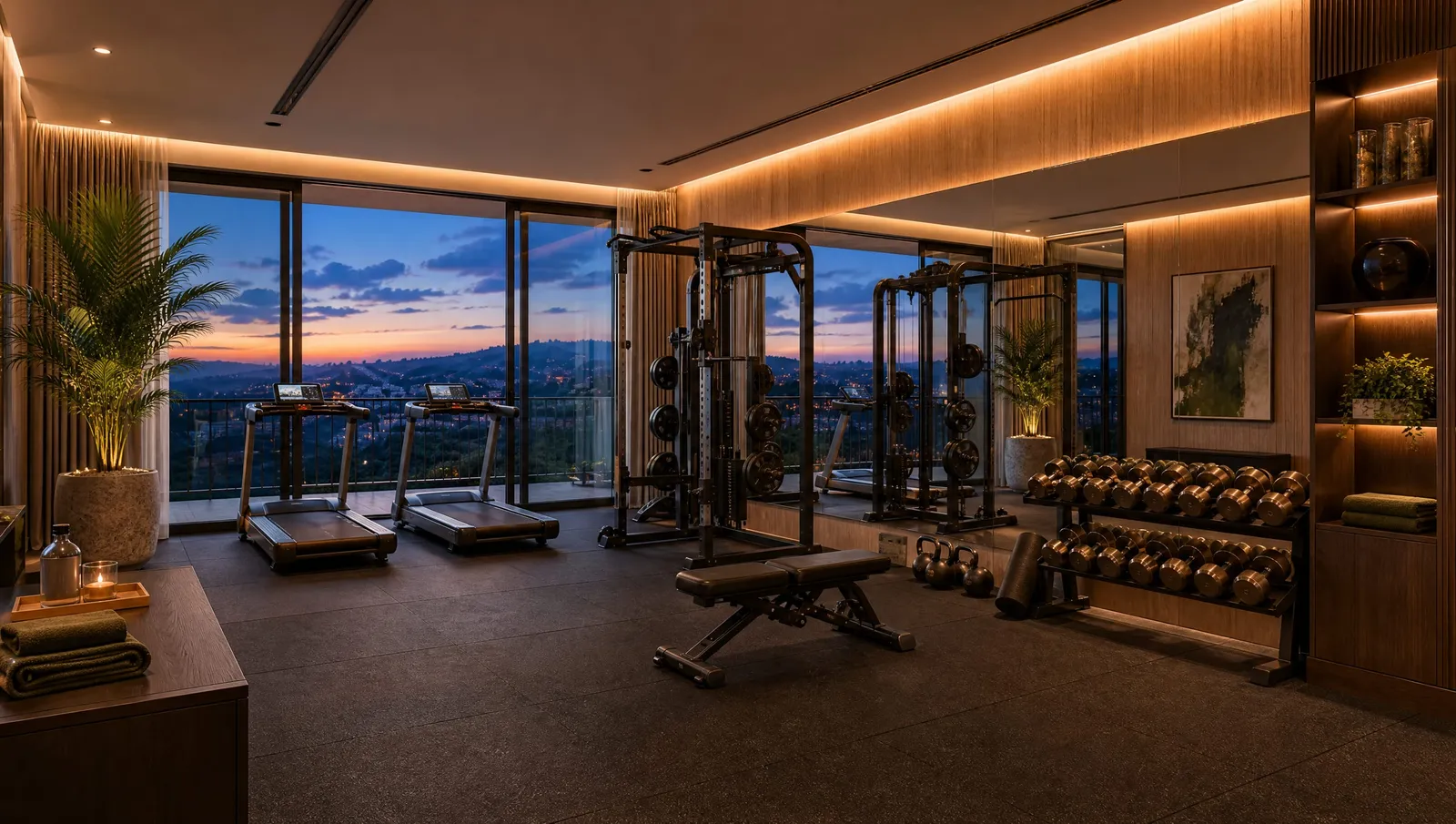The fitness studio with strength equipment and treadmills facing full-height glass and the hills at dusk.
