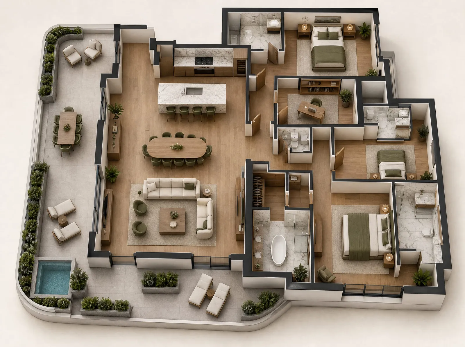 Indicative furnished plan of a three-bedroom penthouse with a study and a wrap-around terrace.