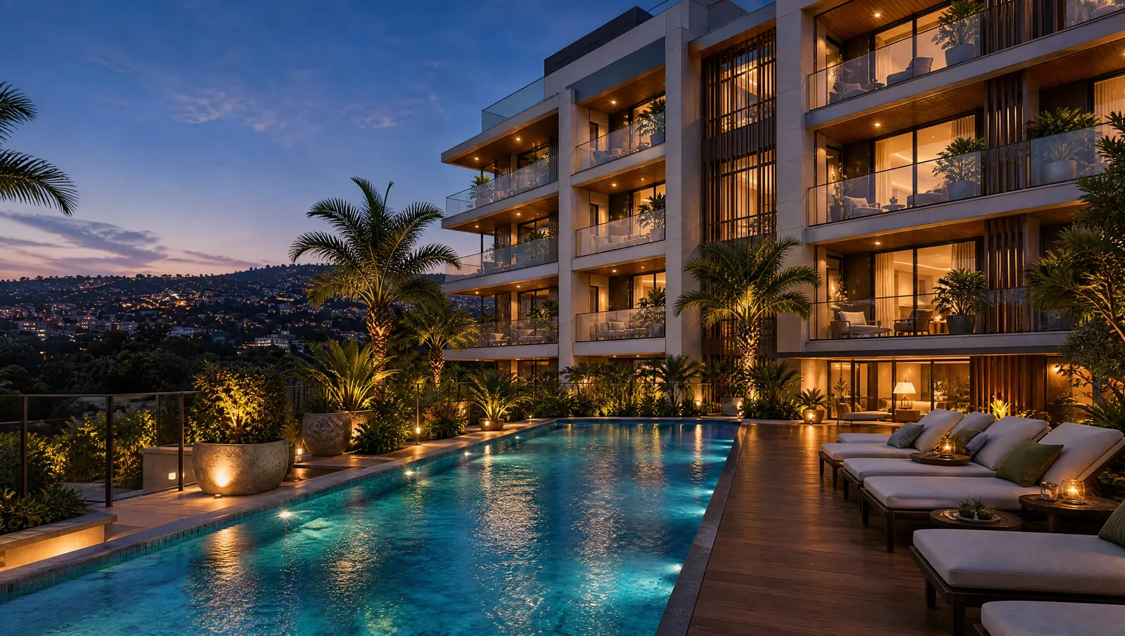The residents’ fifteen-metre pool at blue hour, lit from below, with loungers and the building rising behind.