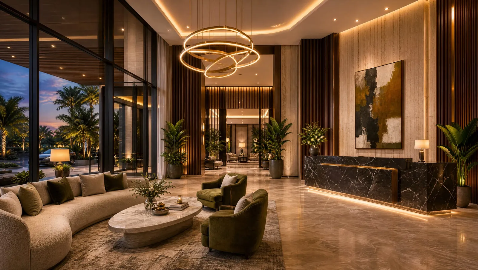 The double-height reception lobby in travertine and walnut, with a marble desk, a lounge and a ring chandelier.